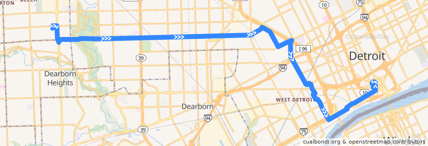 Mapa del recorrido 27 EB: Redford Plaza => Downtown de la línea  en Detroit.