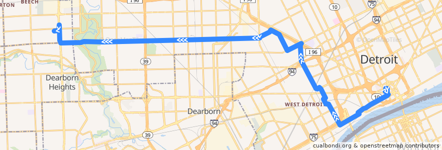 Mapa del recorrido 27 WB: Downtown => Redford Plaza de la línea  en Detroit.