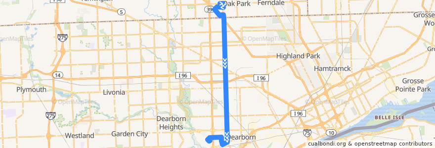 Mapa del recorrido 10 SB: 9 Mile => Fairlane de la línea  en مقاطعة وين.
