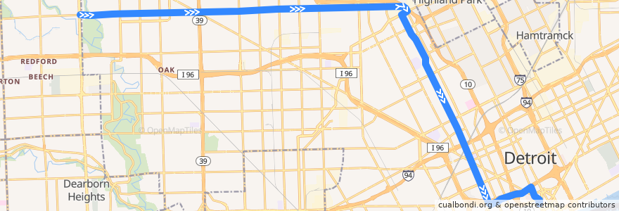 Mapa del recorrido 18 EB: Telegraph => Downtown de la línea  en ديترويت.