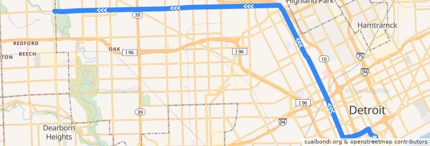 Mapa del recorrido 18 WB: Downtown => Telegraph de la línea  en Detroit.