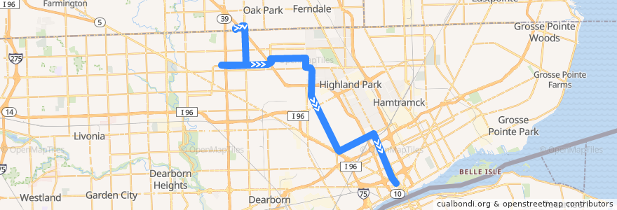 Mapa del recorrido 16 SB: Northland => Rosa Parks via Southfield de la línea  en Detroit.