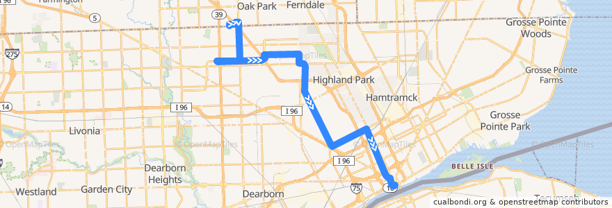 Mapa del recorrido 16 SB: Northland => Jefferson via Southfield de la línea  en Detroit.