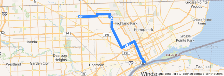 Mapa del recorrido 16 SB: Southfield => Jefferson de la línea  en Detroit.