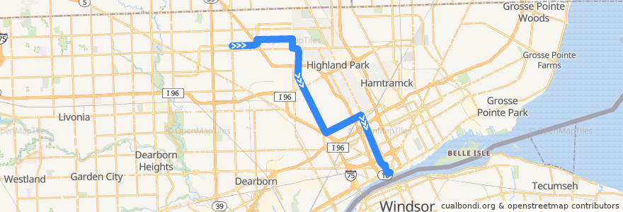 Mapa del recorrido 16 SB: Greenfield => Jefferson de la línea  en Detroit.