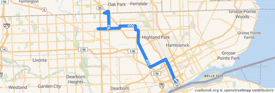 Mapa del recorrido 16 NB: Rosa Parks => Northland via Southfield de la línea  en Detroit.