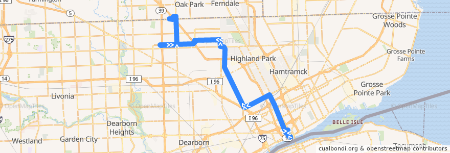 Mapa del recorrido 16 NB: Jefferson => Northland via Rosa Parks and Southfield de la línea  en Detroit.