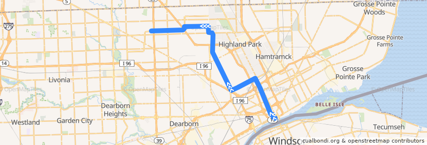 Mapa del recorrido 16 NB: Jefferson => Southfield de la línea  en Detroit.