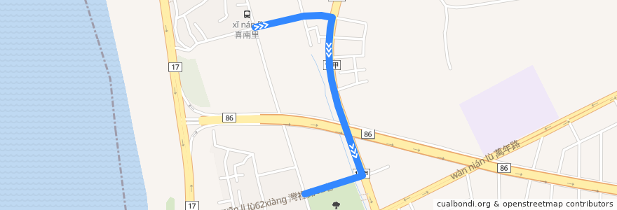 Mapa del recorrido 1路(繞駛喜東里_往程) de la línea  en Tainan.