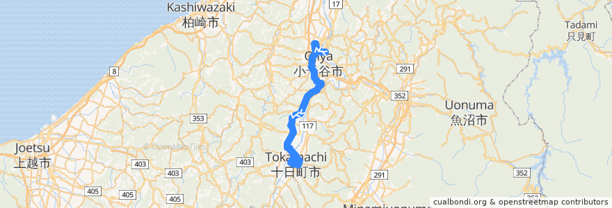 Mapa del recorrido 小千谷＝川西＝十日町（妻有大橋経由） de la línea  en Prefettura di Niigata.