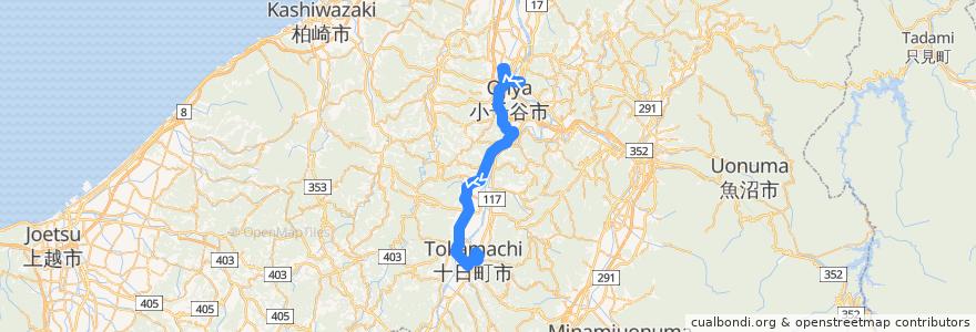 Mapa del recorrido 小千谷＝川西＝十日町 de la línea  en 新潟県.