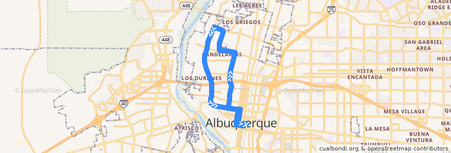 Mapa del recorrido ABQ RIDE Route 36 Rio Grande Boulevard/12th Street de la línea  en 阿尔伯克基 / 阿布奎基 / 阿爾伯克基.