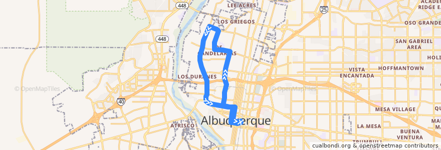 Mapa del recorrido ABQ RIDE Route 36 Rio Grande Boulevard/12th Street de la línea  en Albuquerque.