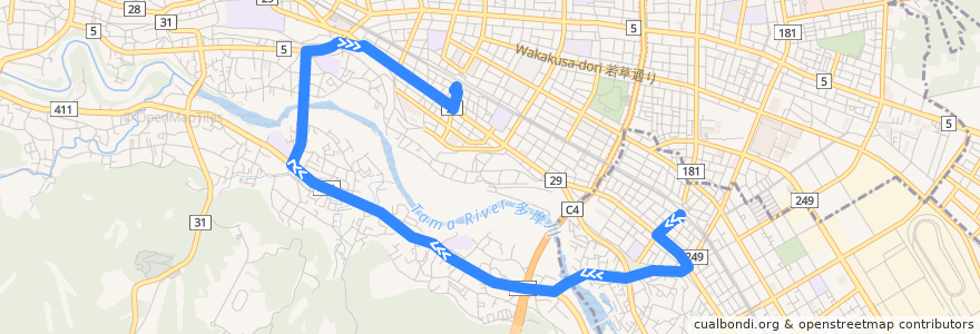 Mapa del recorrido 小05 河辺駅南口行 de la línea  en 東京都.