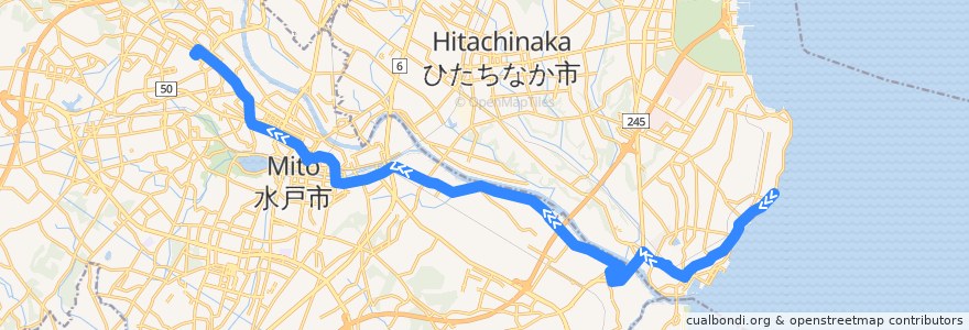 Mapa del recorrido 茨城交通バス28系統 平磯中学校下⇒大野⇒茨大前営業所 de la línea  en 茨城県.