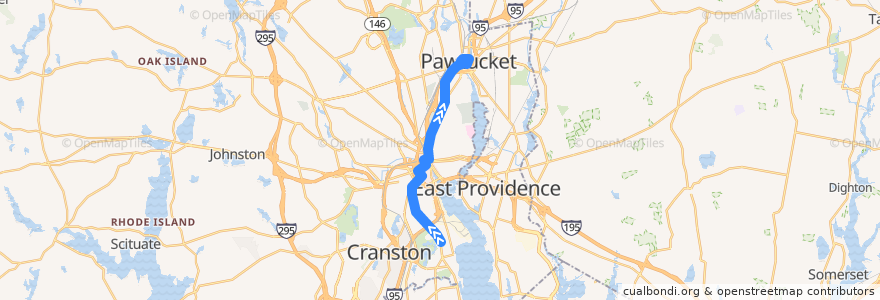 Mapa del recorrido RIPTA R-Line to Pawtucket de la línea  en Providence County.