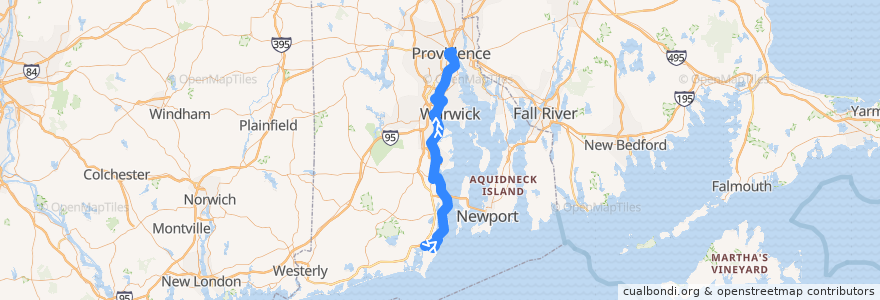 Mapa del recorrido RIPTA 14 West Bay to Kennedy Plaza (from Salt Pond Plaza) de la línea  en Rhode Island.
