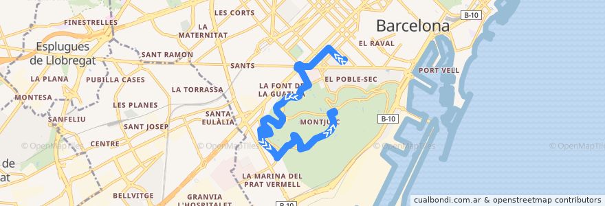 Mapa del recorrido 13 Mercat de Sant Antoni / Parc de Montjuïc de la línea  en 바르셀로나.