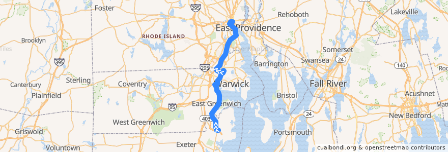 Mapa del recorrido RIPTA 14 West Bay to Kennedy Plaza (from Kohl's at Gate Road) de la línea  en Rhode Island.