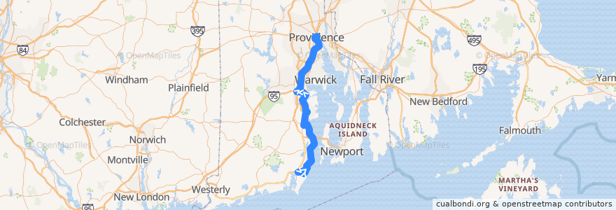 Mapa del recorrido RIPTA 14 West Bay to Kennedy Plaza (express from Salt Pond Plaza) de la línea  en Rhode Island.