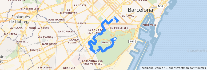 Mapa del recorrido 13 Mercat de Sant Antoni / Parc de Montjuïc de la línea  en 巴塞罗那.