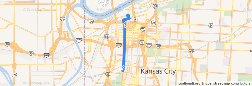 Mapa del recorrido KC Streetcar 601: Union Station to River Market de la línea  en Kansas City.