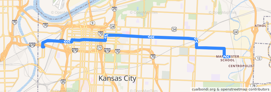 Mapa del recorrido Bus 9: Truman & Ewing → West Bottoms de la línea  en Kansas City.