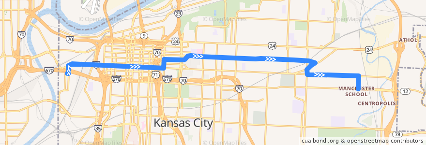 Mapa del recorrido Bus 9: West Bottoms → Truman & Ewing de la línea  en Kansas City.