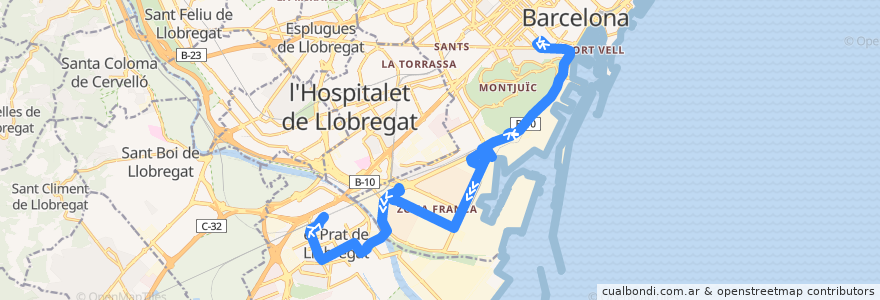 Mapa del recorrido 21 Paral·lel / El Prat de la línea  en Barcelona.