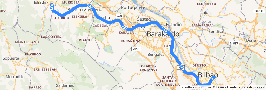 Mapa del recorrido C-2 (Muskiz → Bilbao-Abando) de la línea  en Bizkaia.