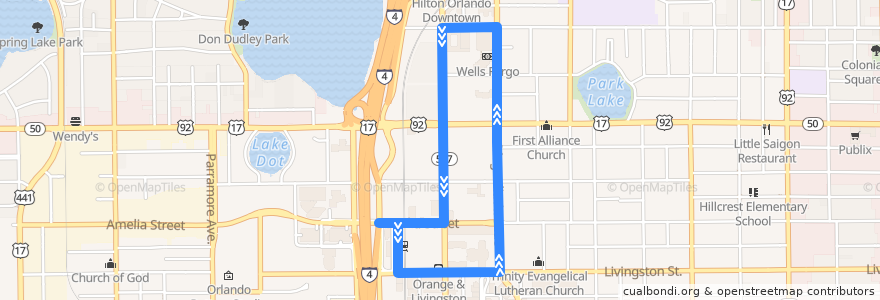 Mapa del recorrido 63 Lymmo Orange Line North Quarter (circulator) de la línea  en Orlando.