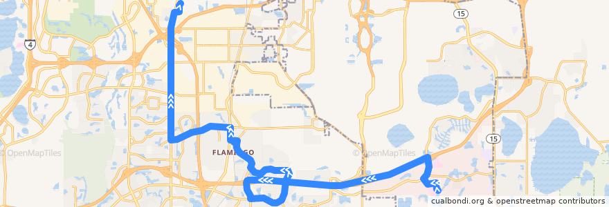 Mapa del recorrido 418 Florida Mall/Meadow Woods/Lake Nona (westbound) de la línea  en 橙县/橙縣/橘郡.