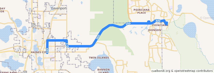 Mapa del recorrido 416 Poinciana/Haines City (eastbound) de la línea  en Polk County.