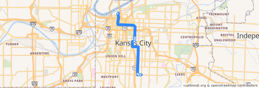 Mapa del recorrido Bus 10: 39th & Prospect → River Market de la línea  en Kansas City.