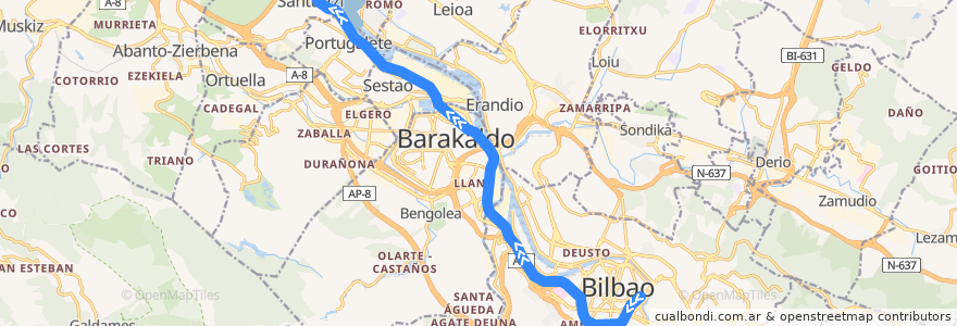 Mapa del recorrido C-1 (Bilbao-Abando → Santurtzi) de la línea  en Bizkaia.