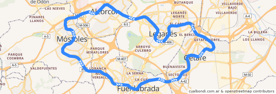 Mapa del recorrido Línea 12. Metrosur de la línea  en Comunidad de Madrid.