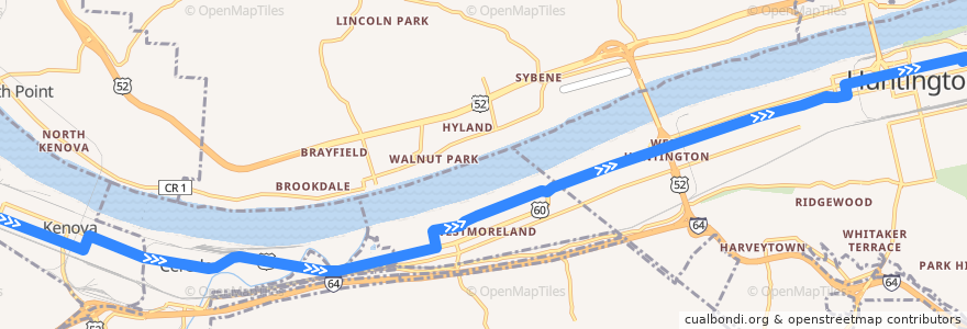 Mapa del recorrido Bus 1: Ceredo/Kenova -> TTA Center de la línea  en Batı Virjinya.