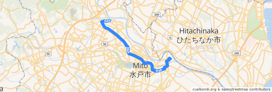 Mapa del recorrido 茨城交通バス2系統 渡里ゴルフセンター⇒水戸駅⇒若宮団地 de la línea  en 水戶市.