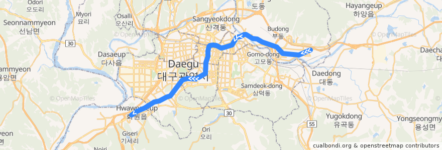 Mapa del recorrido 대구 도시철도 1호선 de la línea  en 대구광역시.