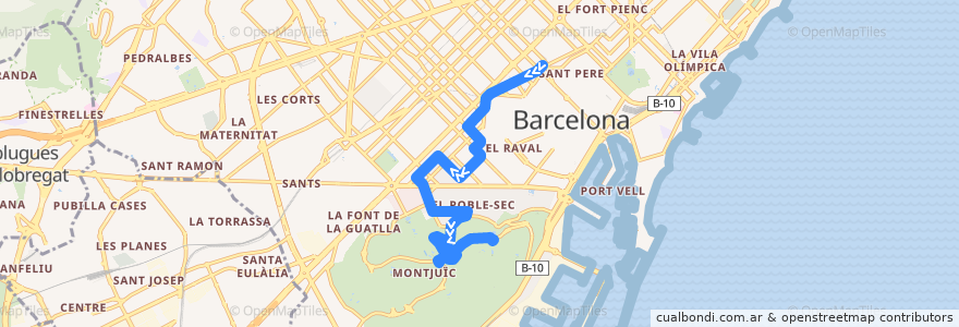 Mapa del recorrido 55 Pl. Urquinaona => Parc de Montjuïc de la línea  en Barcelona.