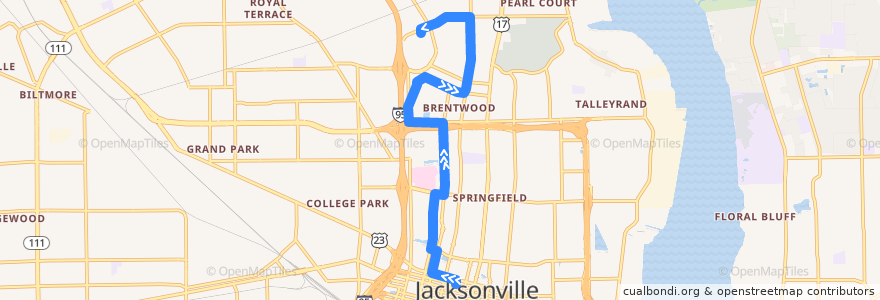 Mapa del recorrido JTA 21 Boulevard/Gateway (northbound) de la línea  en 잭슨빌.