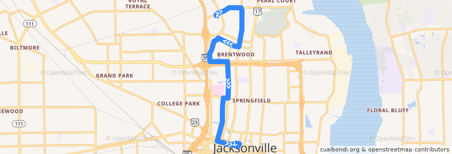 Mapa del recorrido JTA 21 Boulevard/Gateway (southbound) de la línea  en جاكسونفيل.