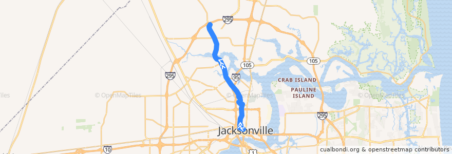 Mapa del recorrido JTA 102 First Coast Flyer Green Line (northbound) de la línea  en 杰克逊维尔/傑克遜維爾.