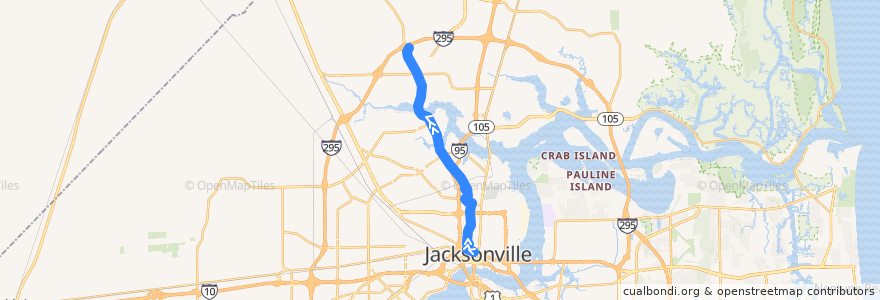 Mapa del recorrido JTA 102 First Coast Flyer Green Line (northbound) de la línea  en Jacksonville.