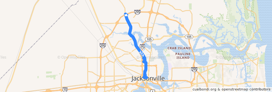 Mapa del recorrido JTA 102 First Coast Flyer Green Line (southbound) de la línea  en 杰克逊维尔/傑克遜維爾.