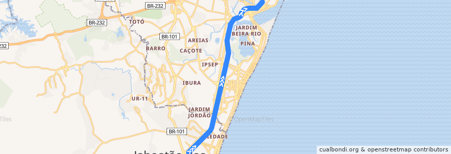 Mapa del recorrido Linha Sul (Cajueiro Seco --> Recife) de la línea  en Região Geográgica Imediata do Recife.
