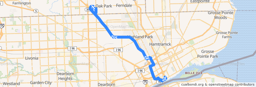 Mapa del recorrido 849 NB: Downtown => Southfield via WSU de la línea  en Detroit.