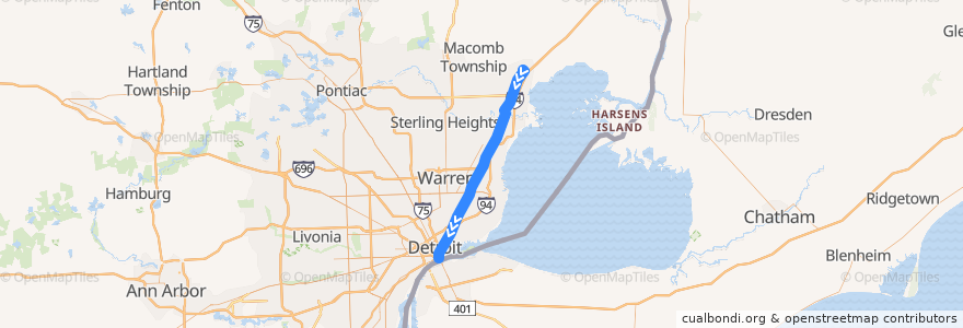 Mapa del recorrido 563 SB: 23 Mile => Detroit de la línea  en ميشيغان.