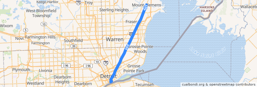 Mapa del recorrido 561 SB: Mt Clemens => Detroit de la línea  en ミシガン州.