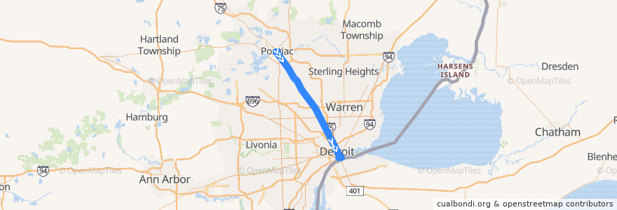 Mapa del recorrido 462 SB: Pontiac => Detroit de la línea  en ミシガン州.